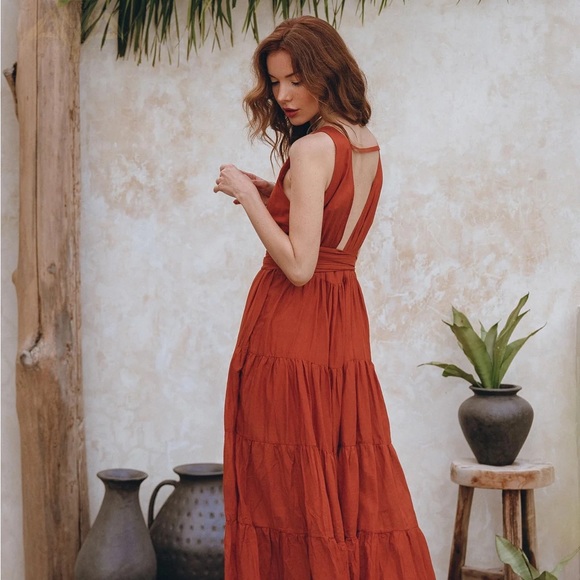 AYA Sacred Wear Boho Belted Maxi Dress Organically Dyed Red - Picture 3 of 5